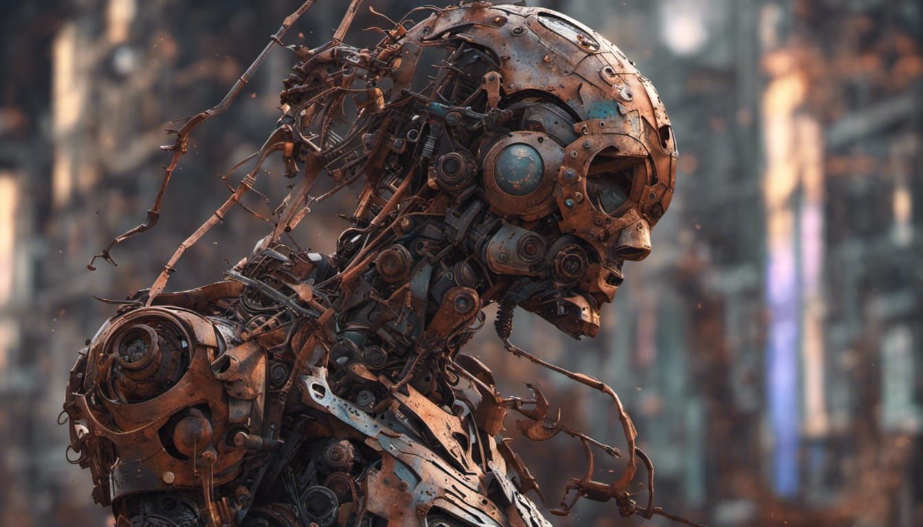 Cyborg Scrap Iron Sculpture Rusty Rebar Ai Generated Artwork