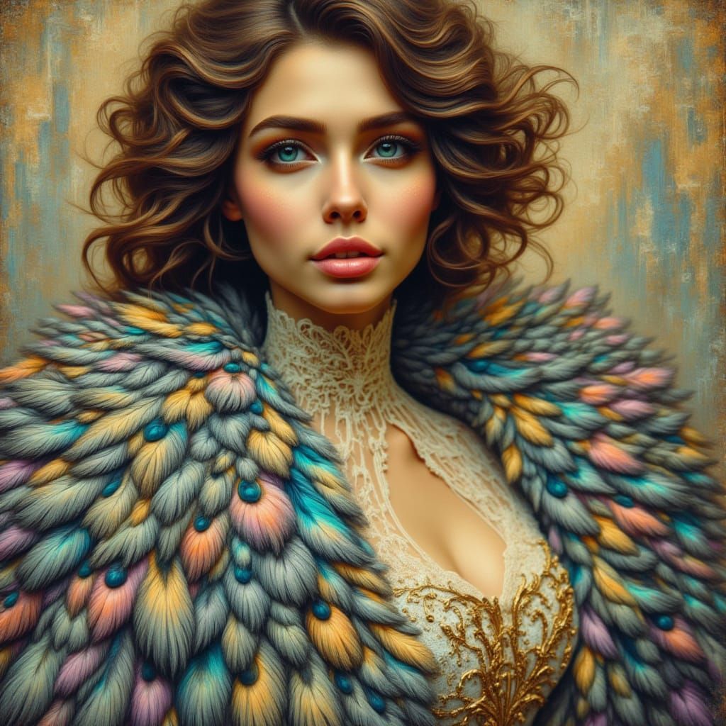 <lora:kak-Featherlychic:1.0>Painted woman, feathers, pastels, Victorian