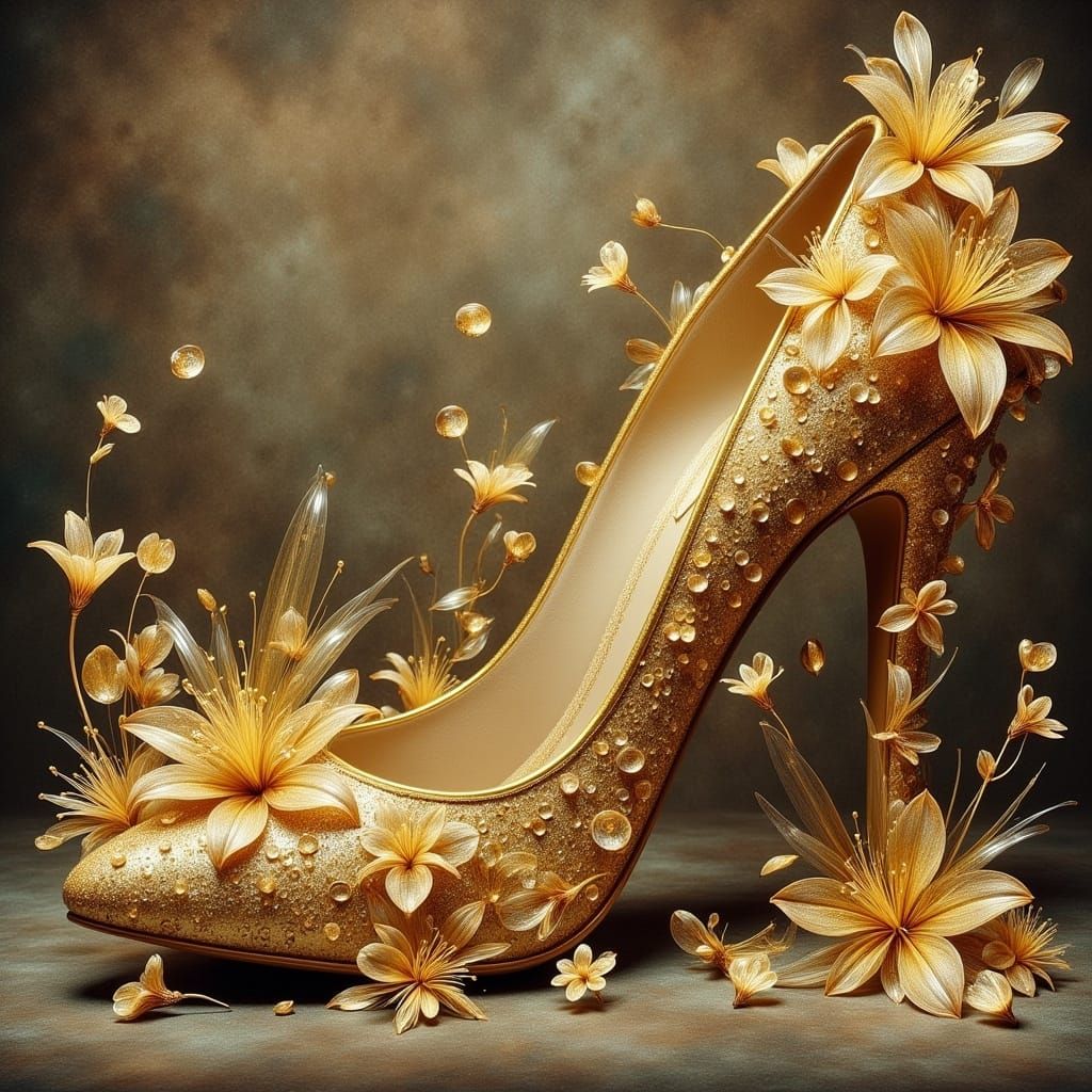beautiful golden shoes with golden flowers   by @Patsy 