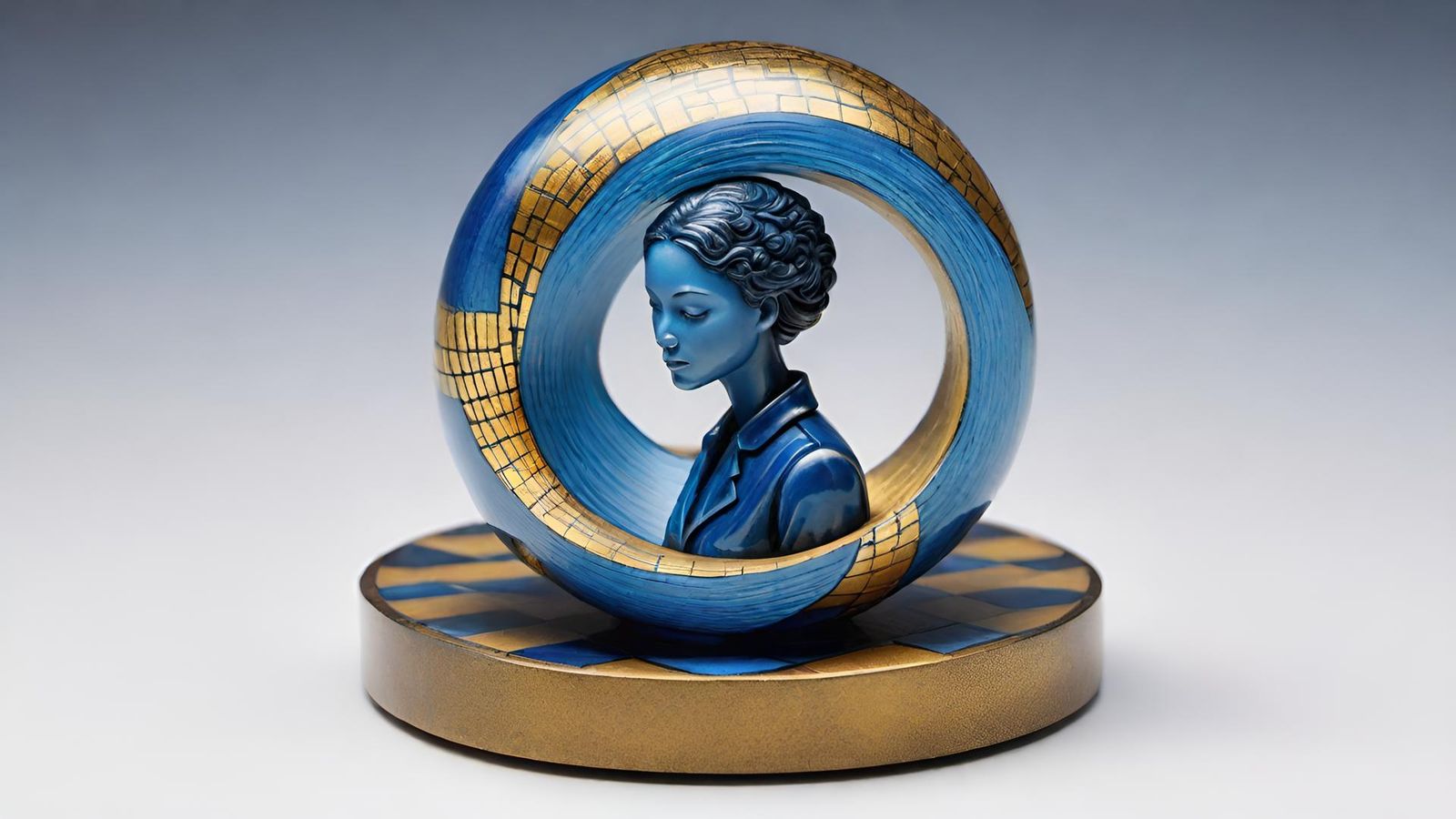 Abstract blue and gold checkered pattern. woman shape optical illusion.