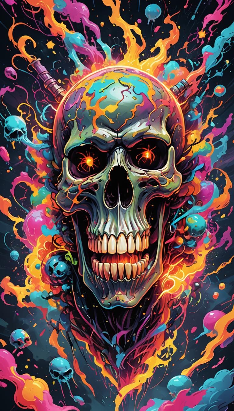 Create a digital artwork depicting a demonic skull with an e...