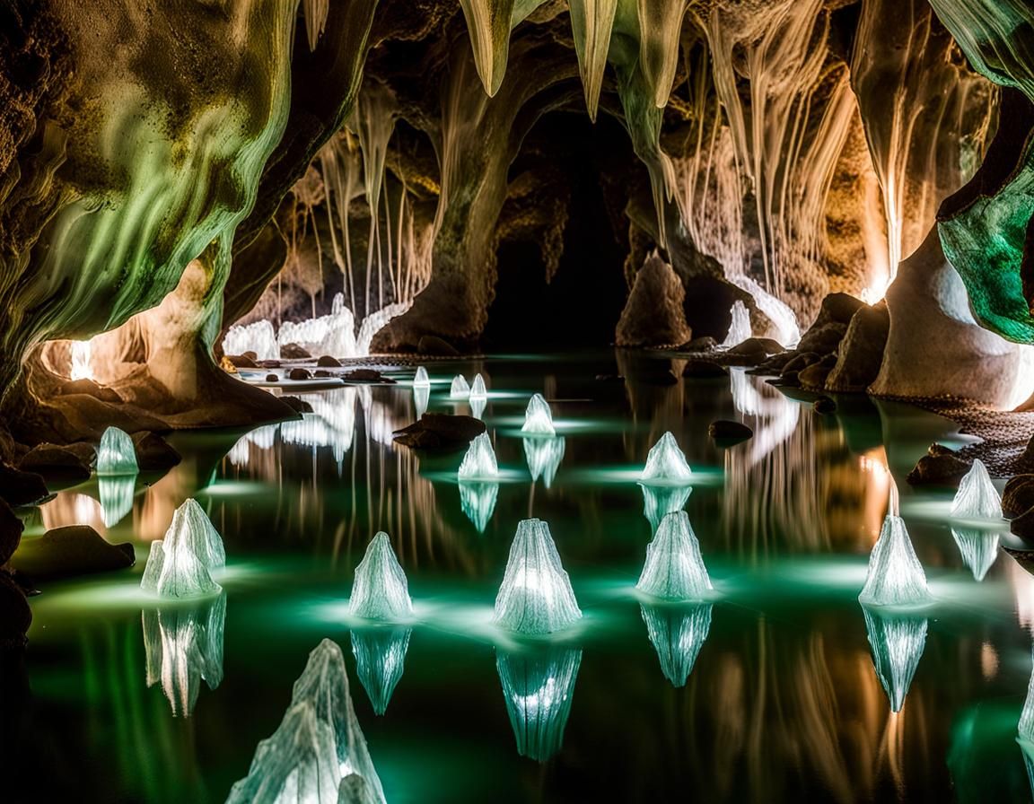 dancing glowing crystals in a natural crystal cave formed from living ...