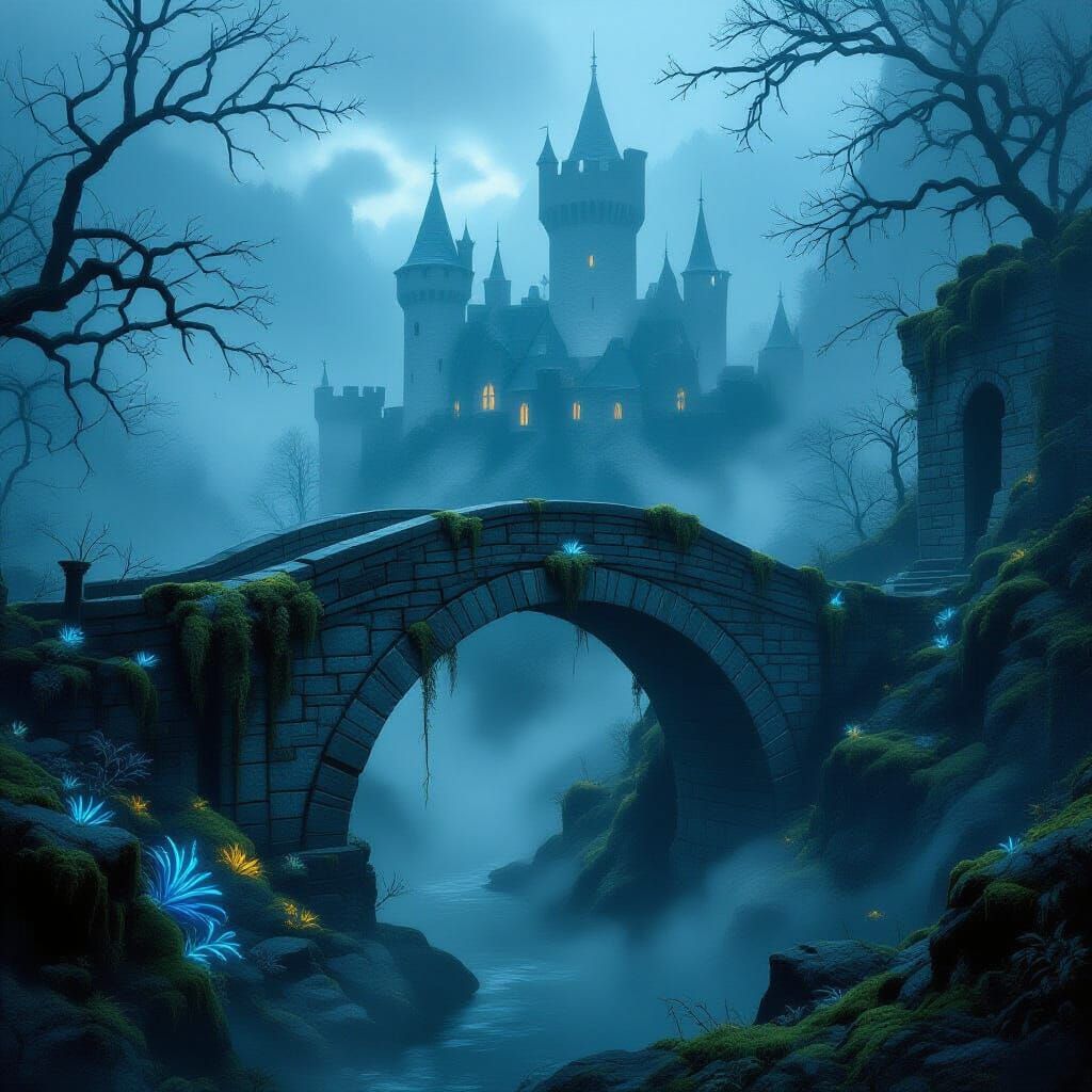 A solitary, weathered stone bridge arching over a mist-filled chasm, leading to a forgotten castle shrouded in perpetual twilight. The bridg...