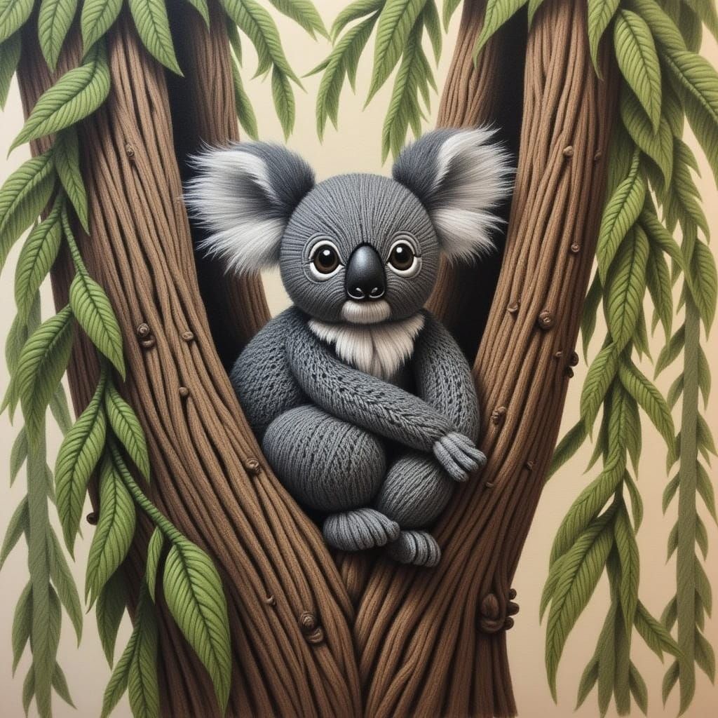 <lora:MADAM MACRAME:1.0> Koala in a gum tree