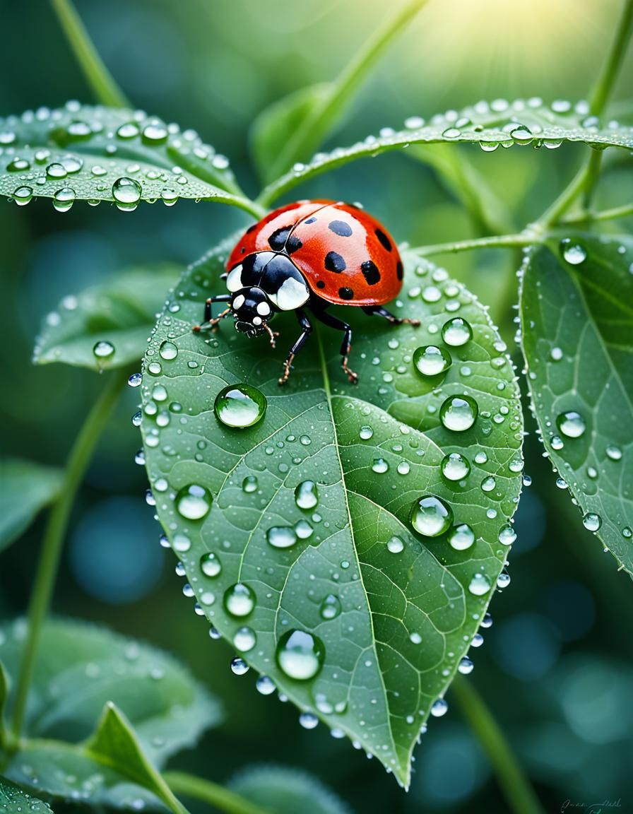 Glistening dew drops on green leaves and a ladybug refracting light embody the freshness of the morning.  by @Phantazia