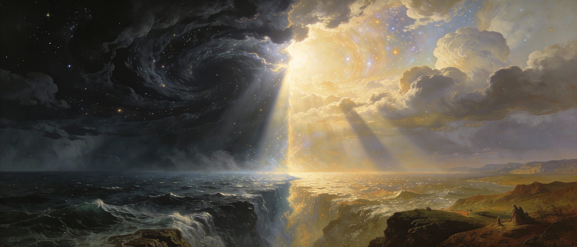 Cosmic creation scene — the void before time, swirling darkness over infinite ocean, divine energy moving across the waters.  
A powerful bu...