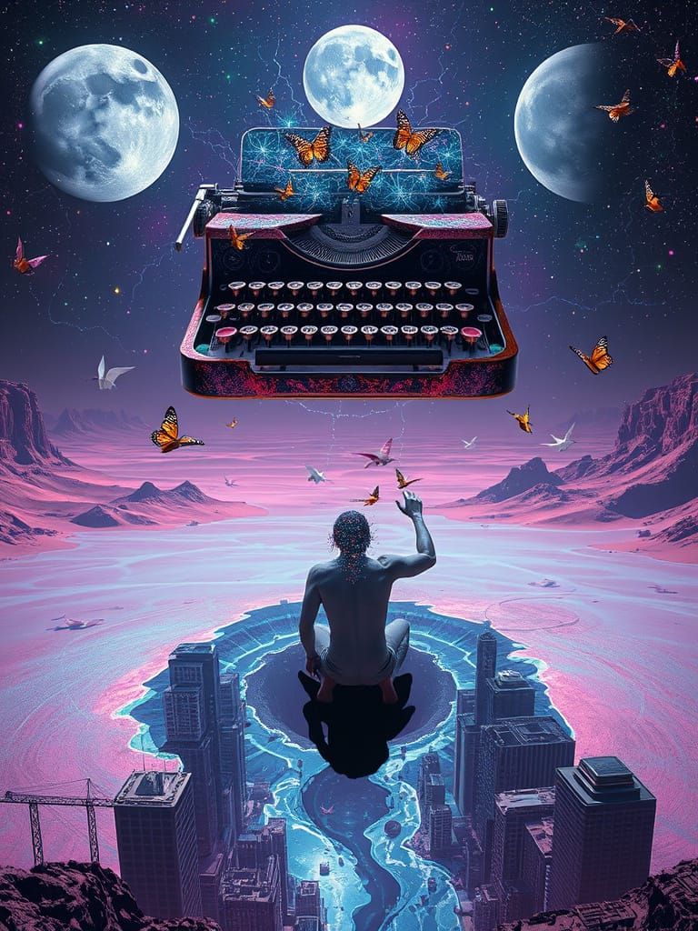 A surreal dreamscape where a colossal, floating typewriter made of molten glass levitates above a desert ...  by @Rod Zombie