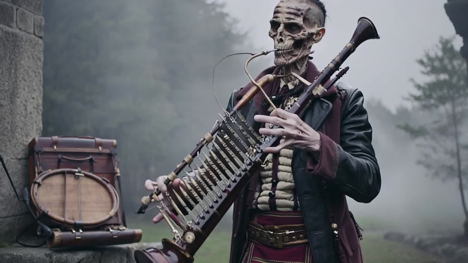 A skeletal Scottish highland warrior playing the bagpipes