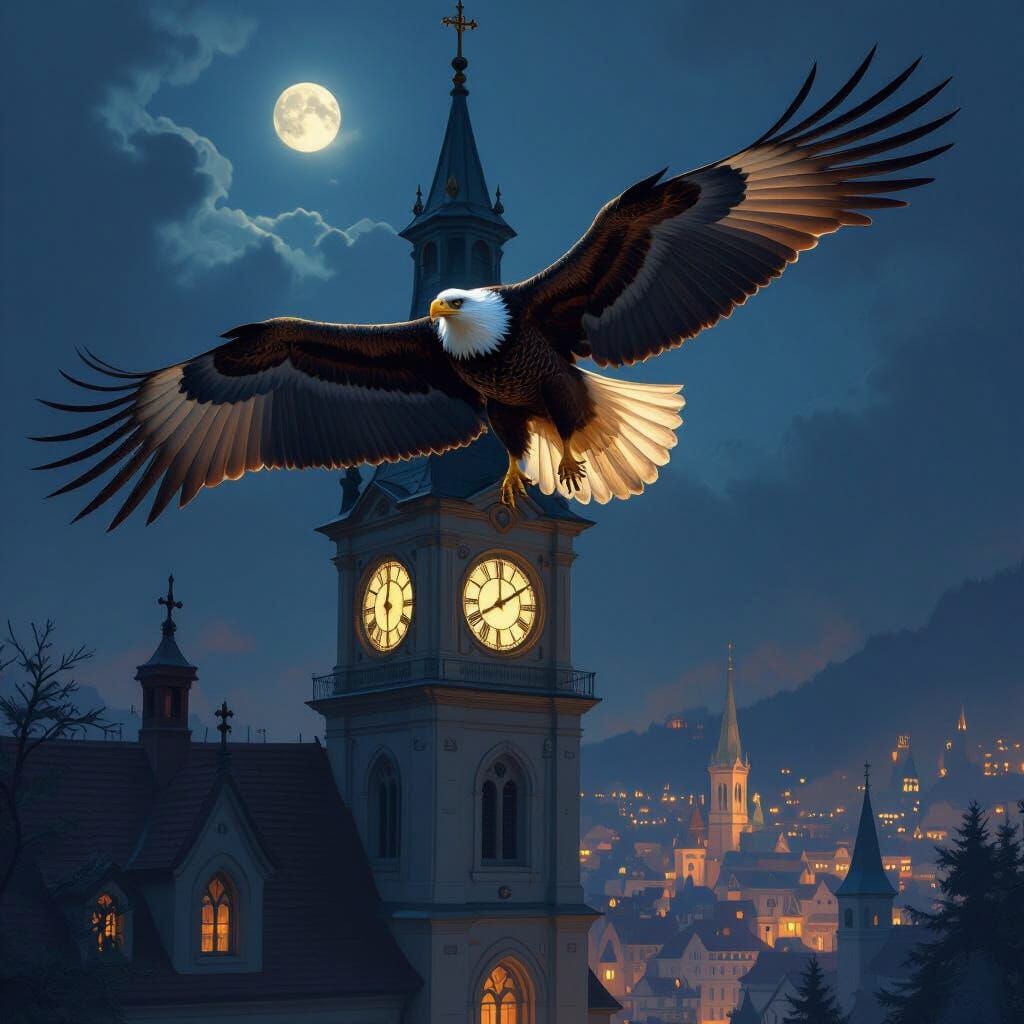 Majestic Eagle Lands on Magical City Clock Tower at Midnight
