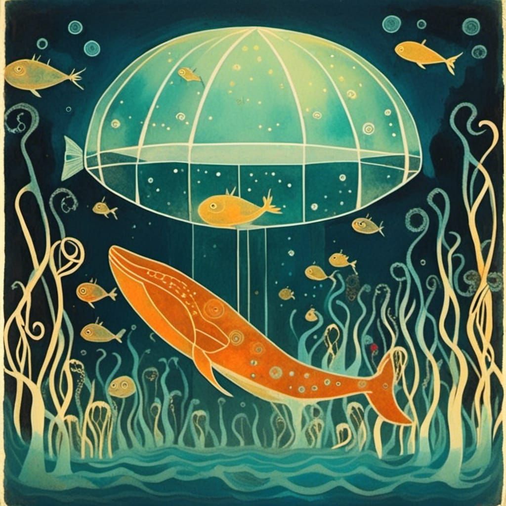 <lora:Skull Pop:1.0> Underwater view of a huge fantastical glowing transparent glass whale swimming in the ocean. Surrounded by glowing jellyfish