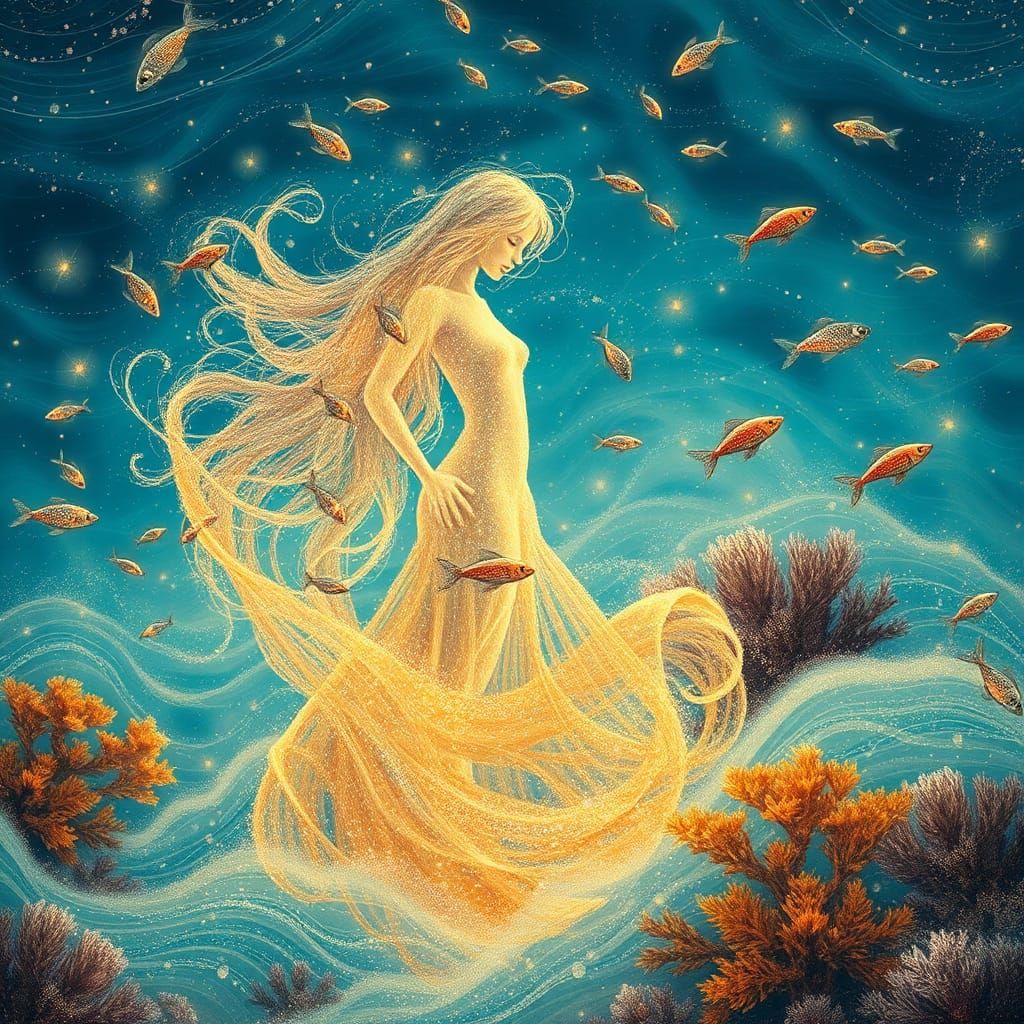 Ethereal Sand Girl in Turquoise Ocean, Holographic Illustrat...