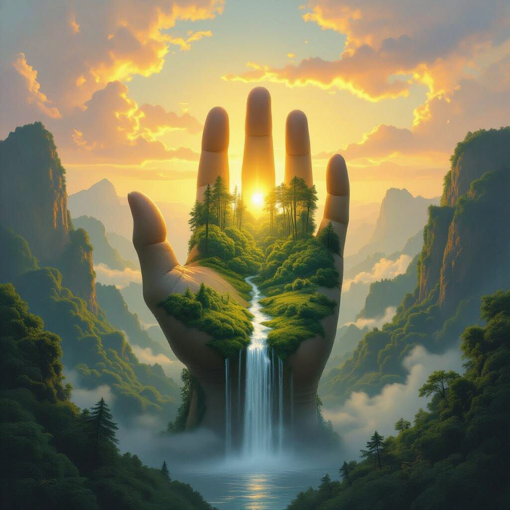 Divine Hand Emerging From Valley at Sunrise