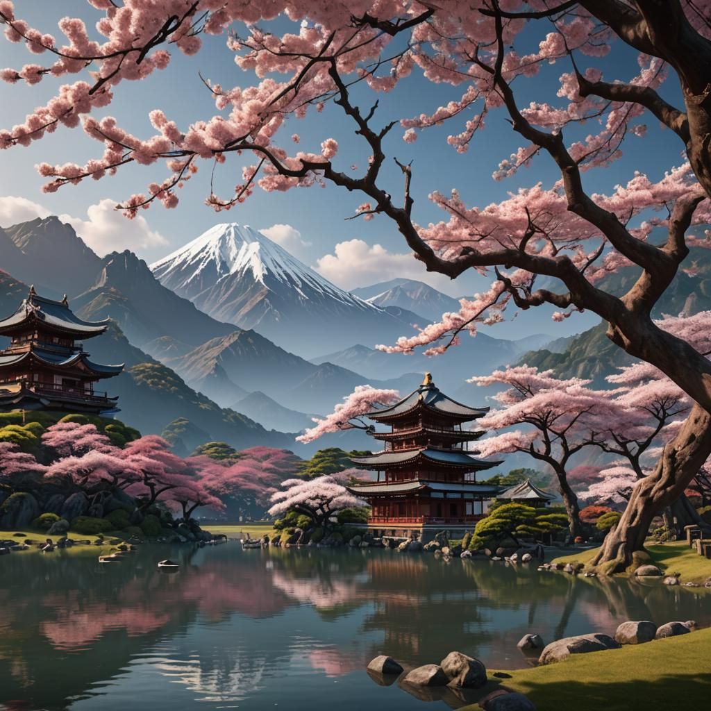 A beautiful ancient sakura tree in front of a lake. Mountains and Japanese temples in the background.