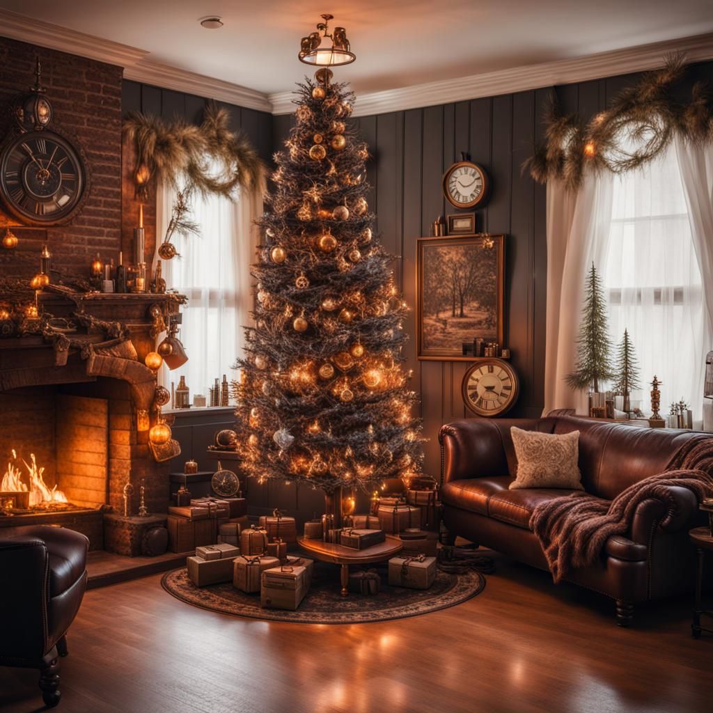 In A Cozy Living Room With A Fireplace A Cosmic Christmas Tree With Steampunk Decorations Ai