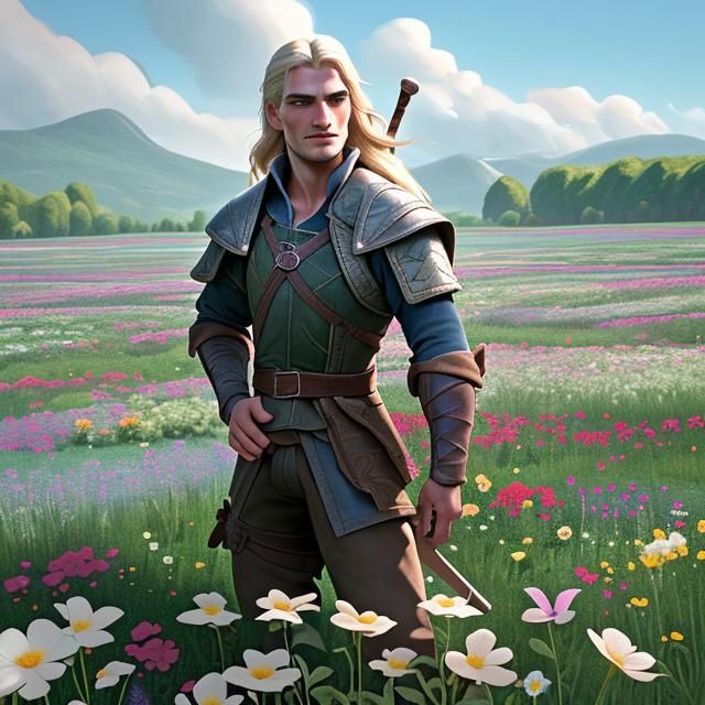 Geralt of Rivia played by Henry Cavill is standing in a fiel...