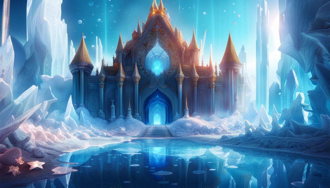 The Ice Queen's palace with a mirrored ice pond and crystal rocks ...