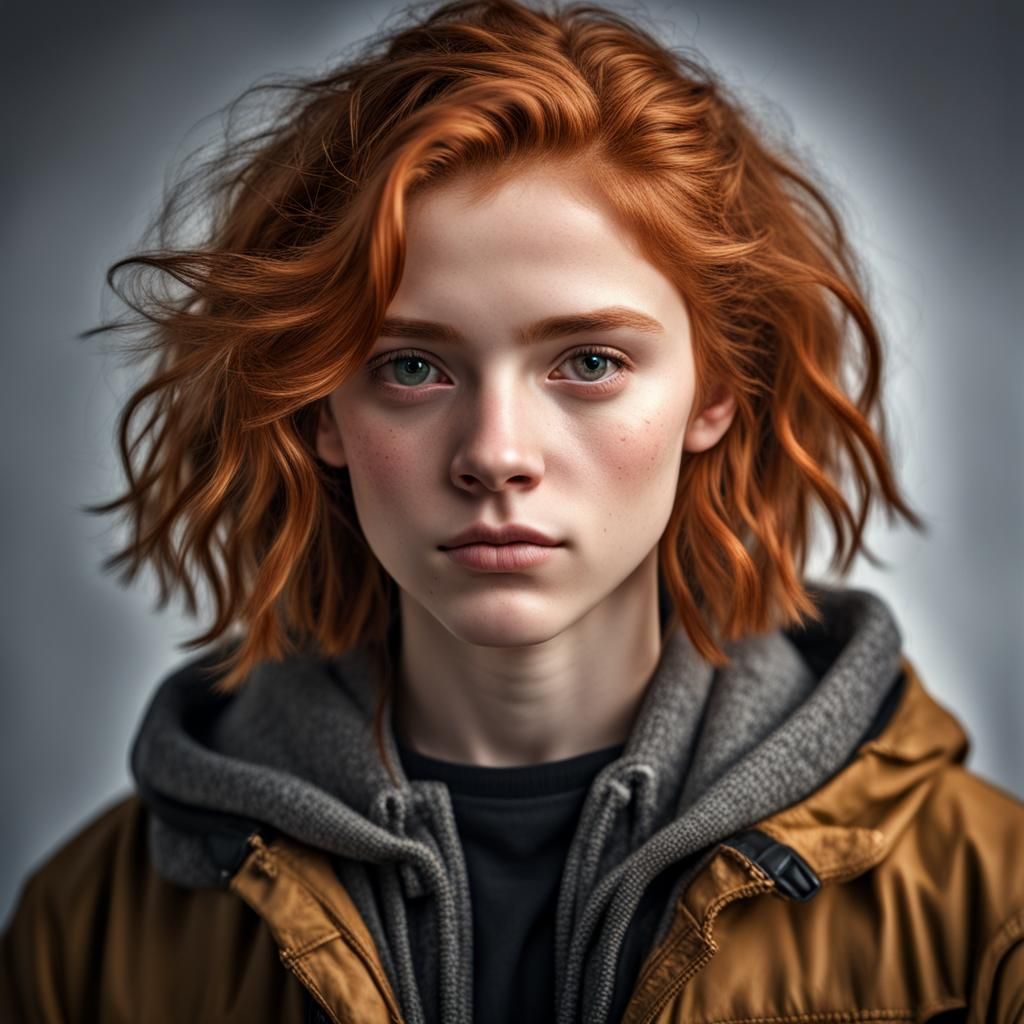 early teen non-binary with medium-layered ginger hair, and h...