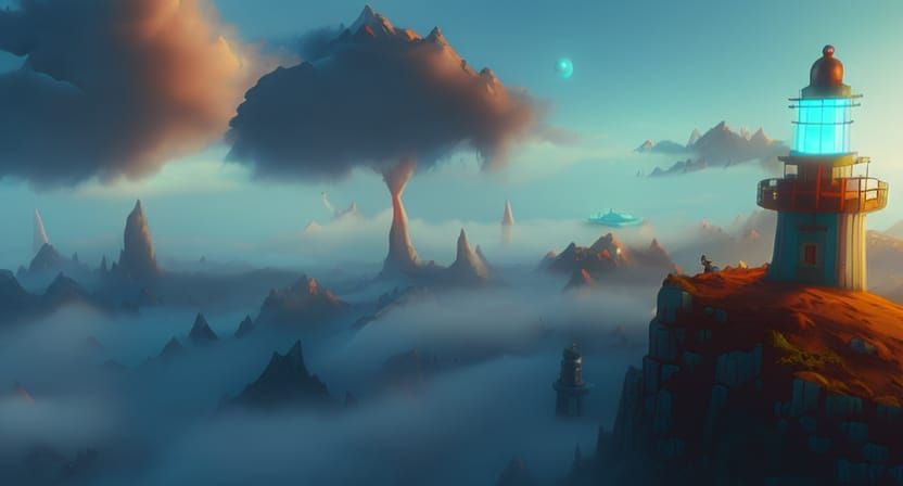 lighthouse above a misty sea