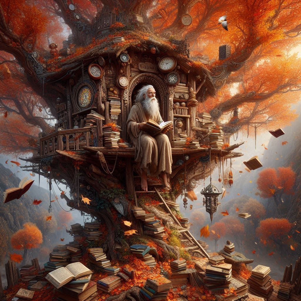 A wise old man sitting in a tree house surrounded by books