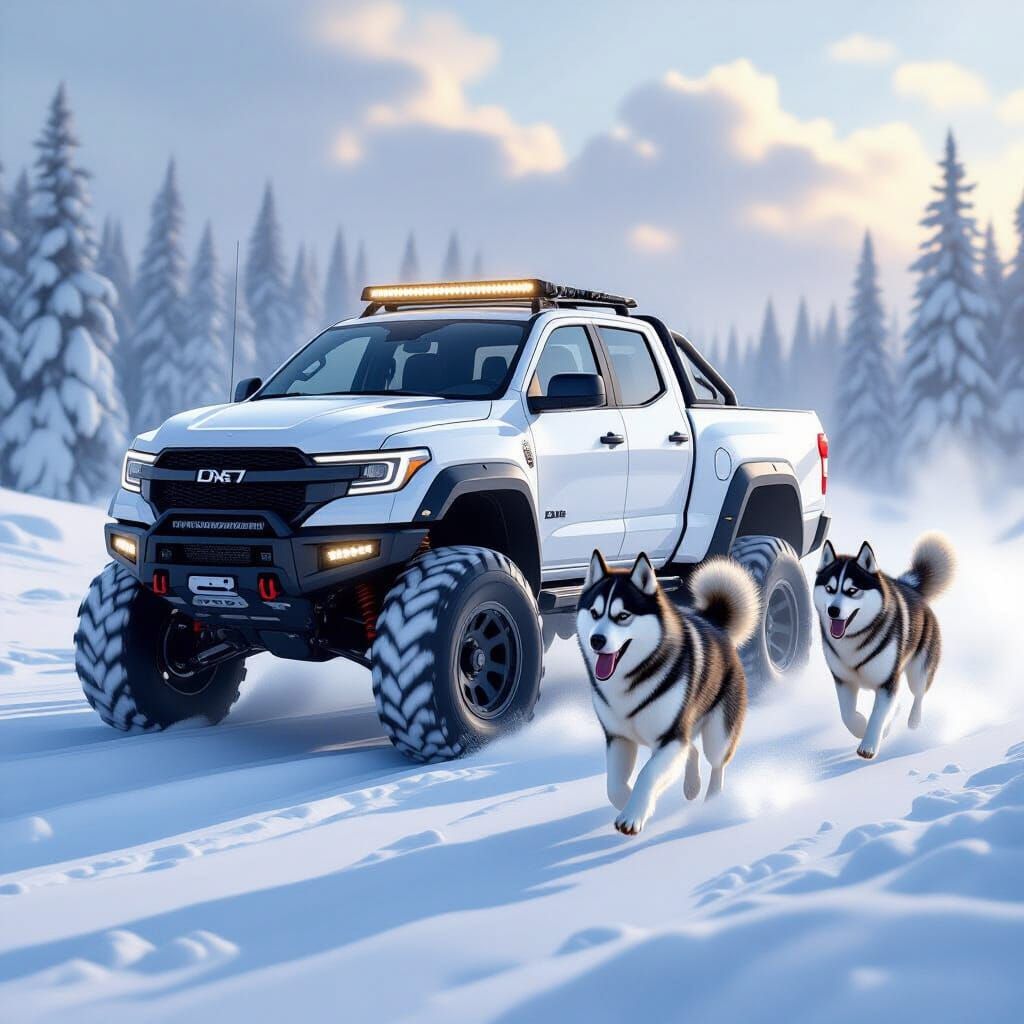 Hyperrealistic Snow Gallop With Husky Dogs