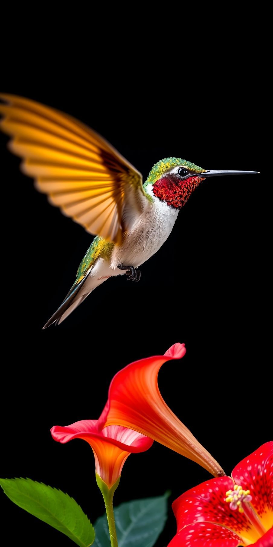 A hummingbird in mid-flight