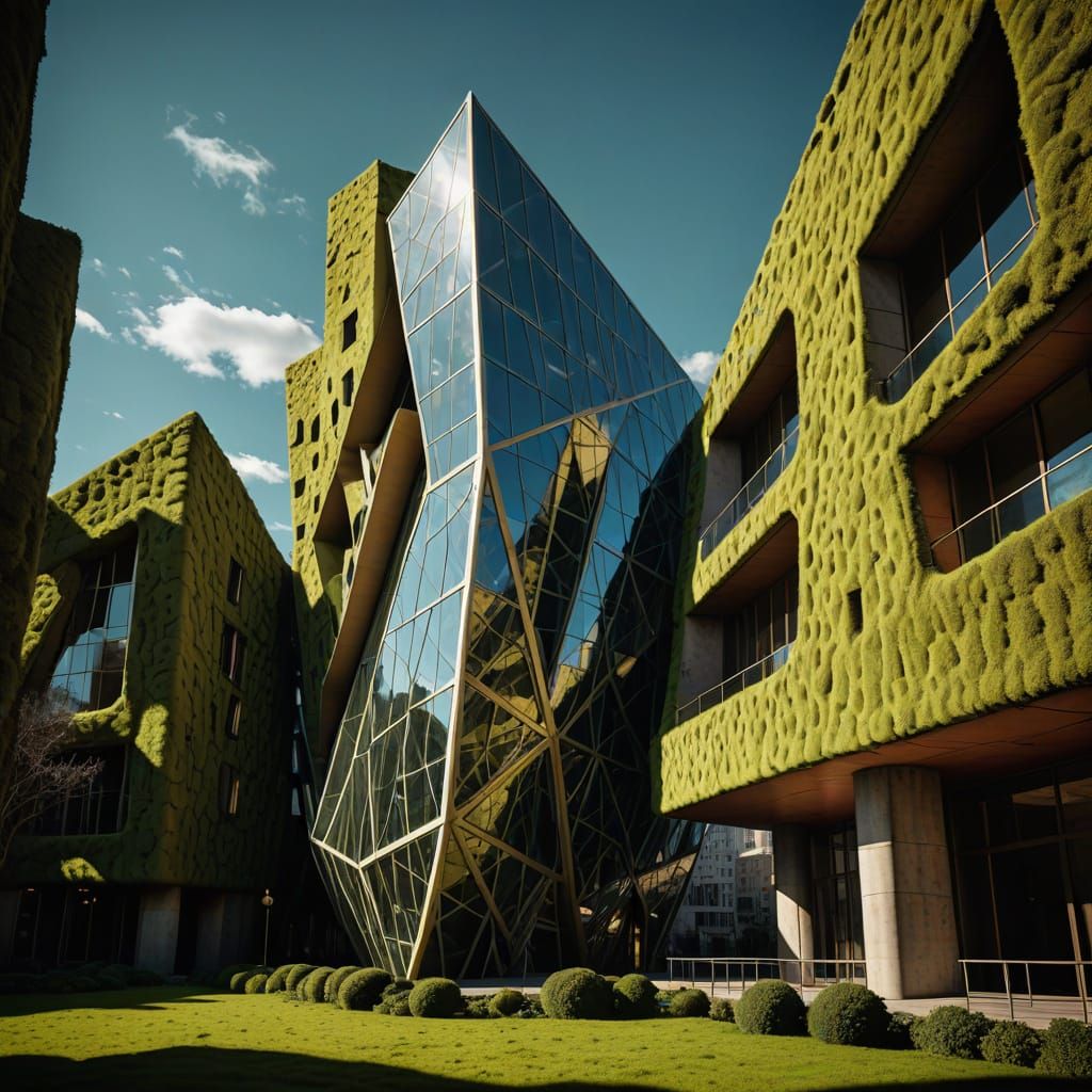 Create a detailed architectural composition featuring two buildings in perfect structural opposition. ...  by @Gettafix