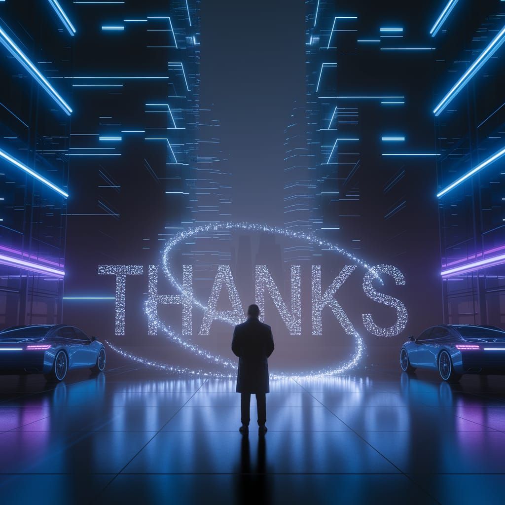 Futuristic Cityscape at Night: Holographic 'THANKS' Display