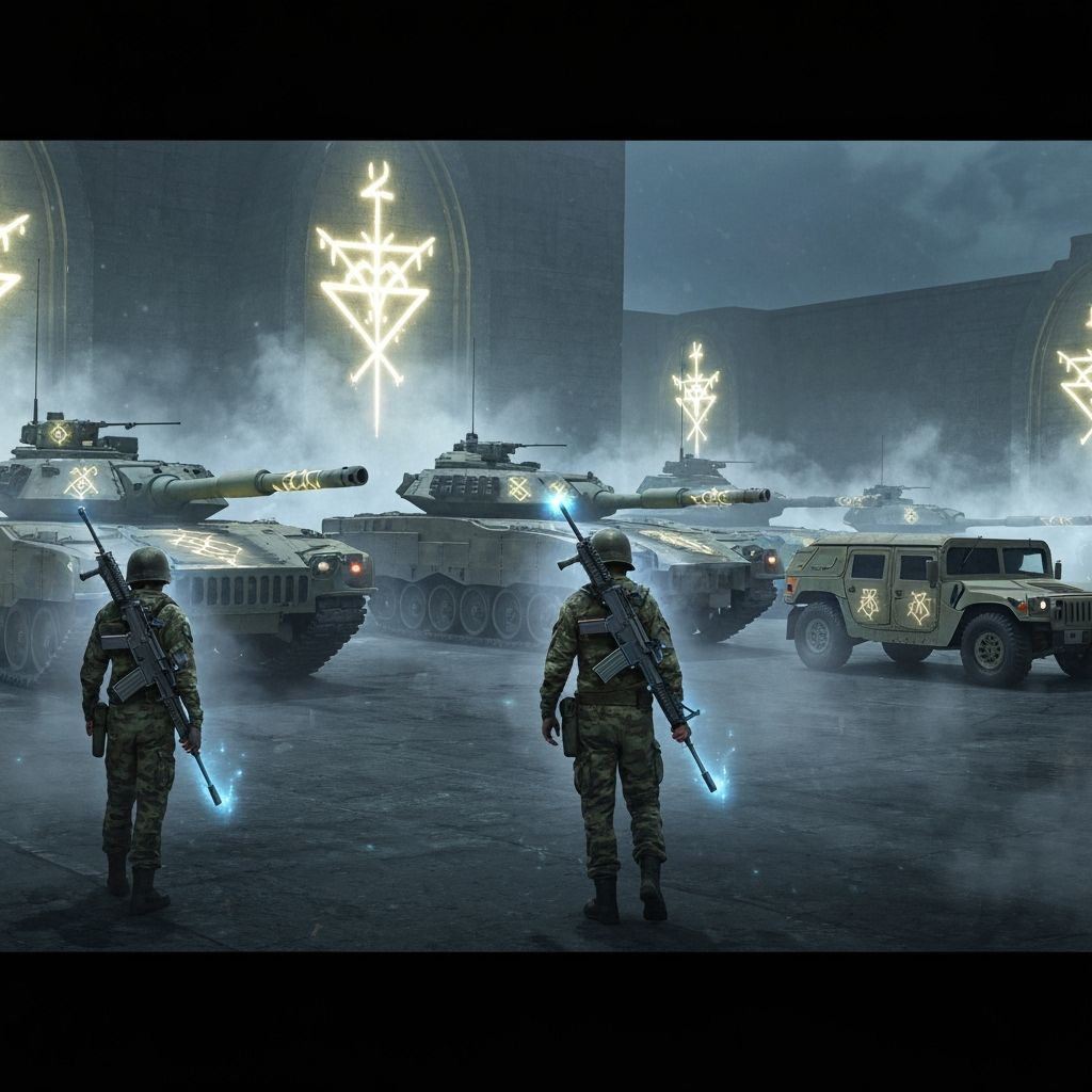 a megical military base.  Mages walking around wearing camo uniforms, with enchanted m4 on their backs. Magical tanks and humvees are parked...