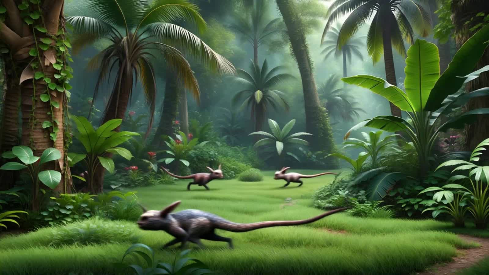 Strange creatures scurry about in a tropical forest