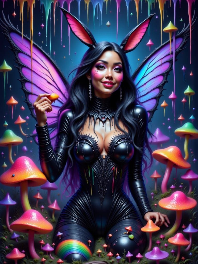 Trippy Fairy Woman Eating Glowing Mushrooms in Goo