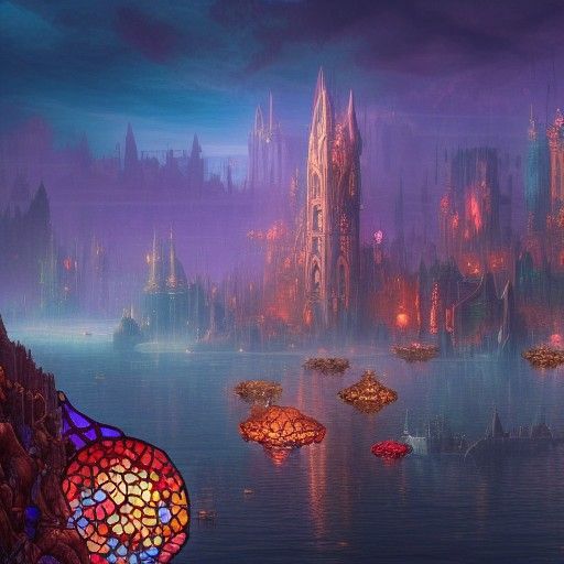 Floating Islands with Towers made of Stained Glass hanging o...