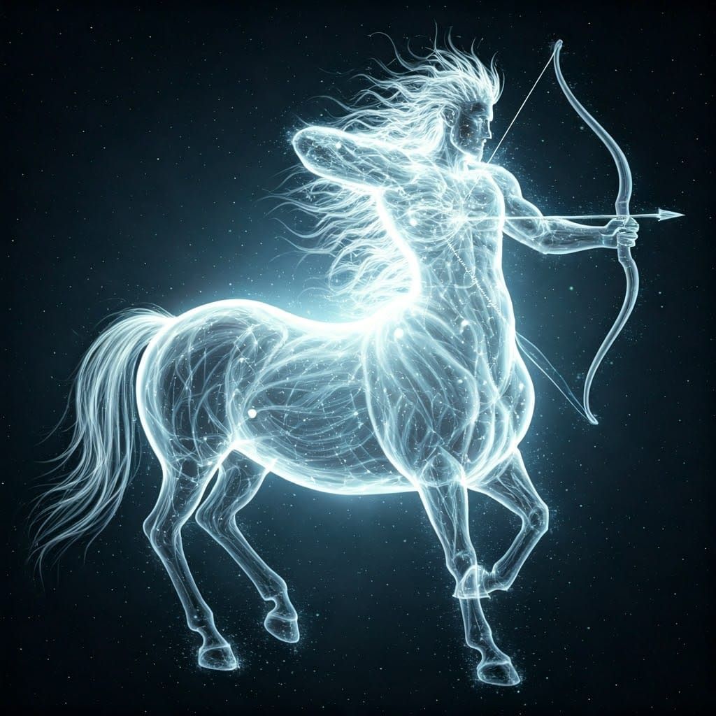 In a pure galactic space background, a radiant, glowing male Centaur, made of translucent light. The ...  by @Mr Classics
