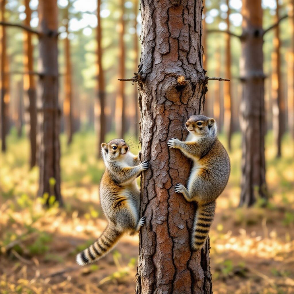Playful Squirrels Ascend Forest Trees in Whimsical Style