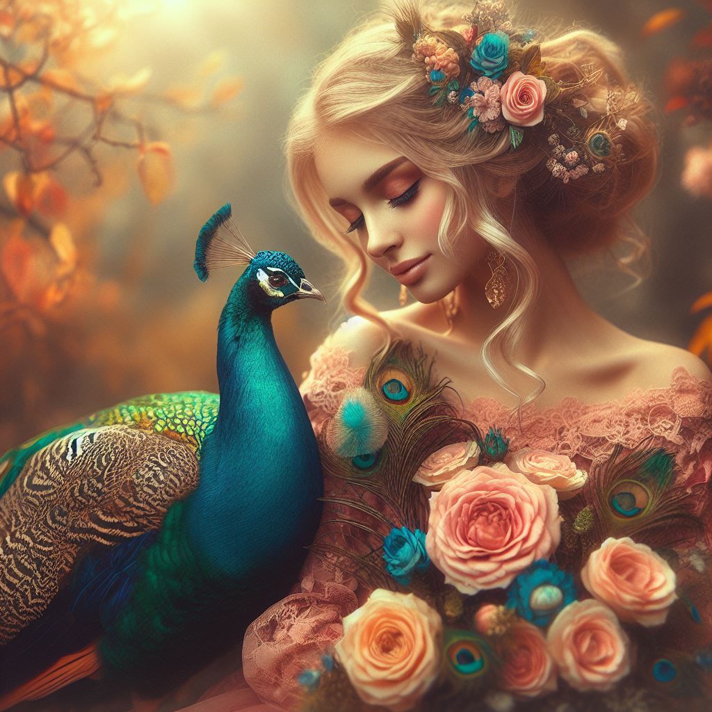 A sweet woman and a peacock