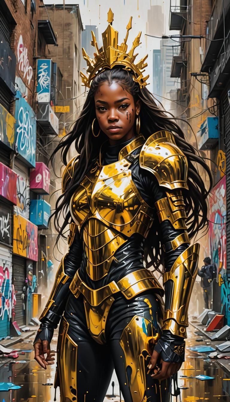 Black woman, straight hair, with golden armor, in the middle...