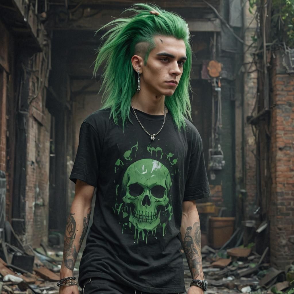 Draw punk 18years old boy with green long hair and black T shirt with skull  , with white earrings - AI Generated Artwork - NightCafe Creator