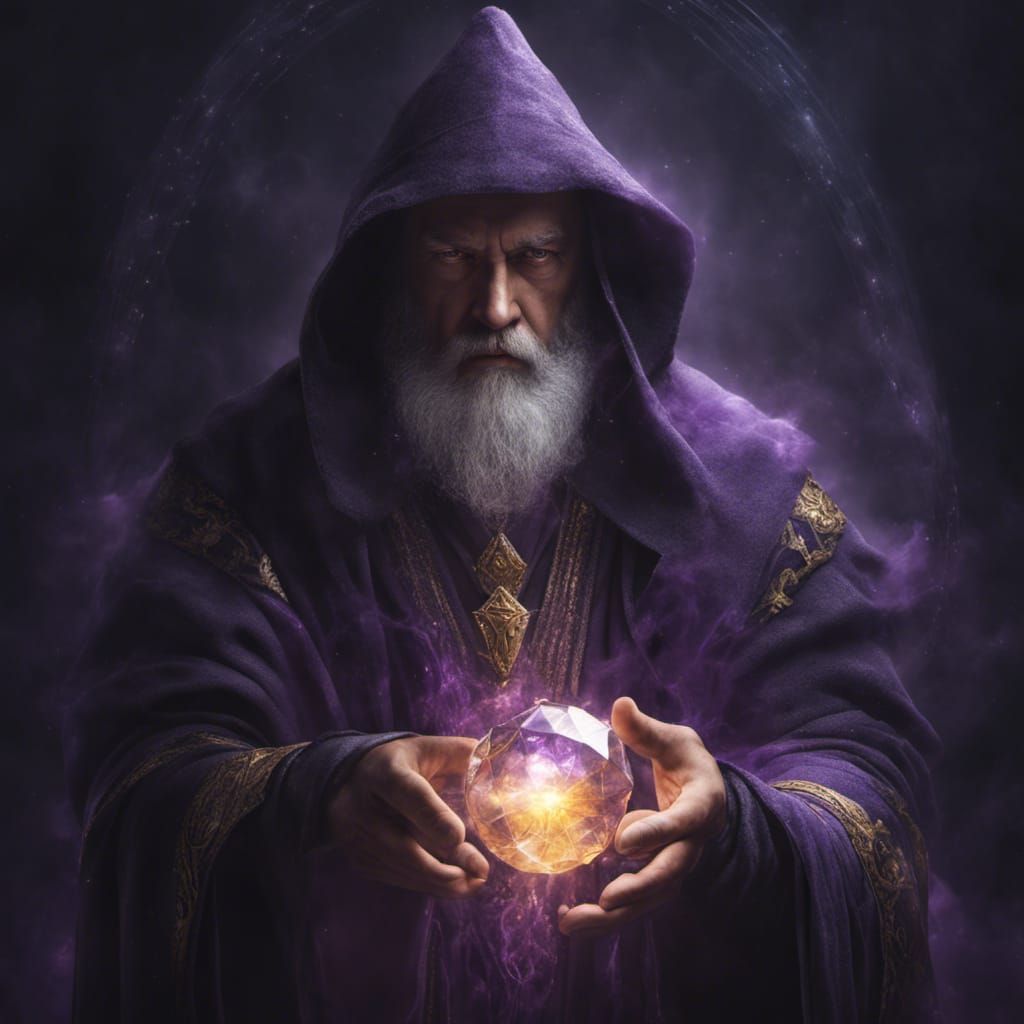 a medieval wizard holding his legendary crystal staff and with purple ...