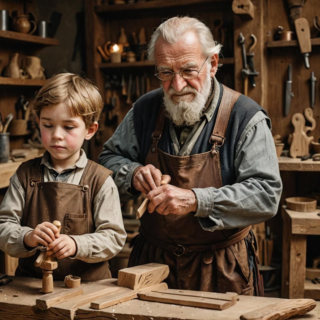 Master woodworker and young apprentice  by @Superbear
