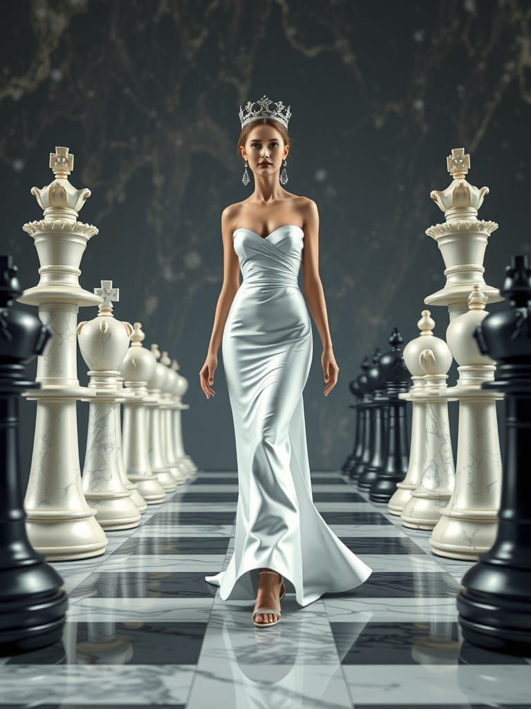 A female fez walks down a dark green digital corridor with chess pieces painted on the walls to match the color of the wall. - Start Image 1