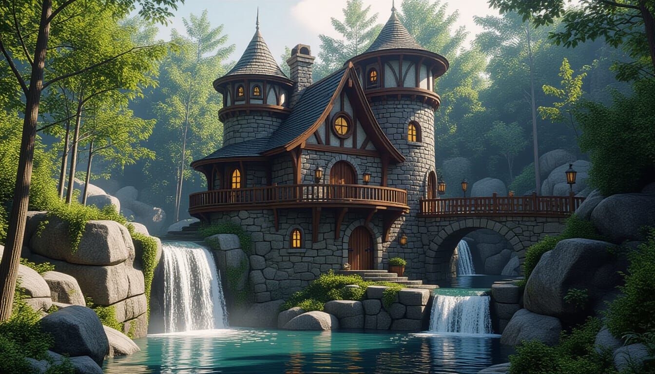 a rustic cottage by a stream