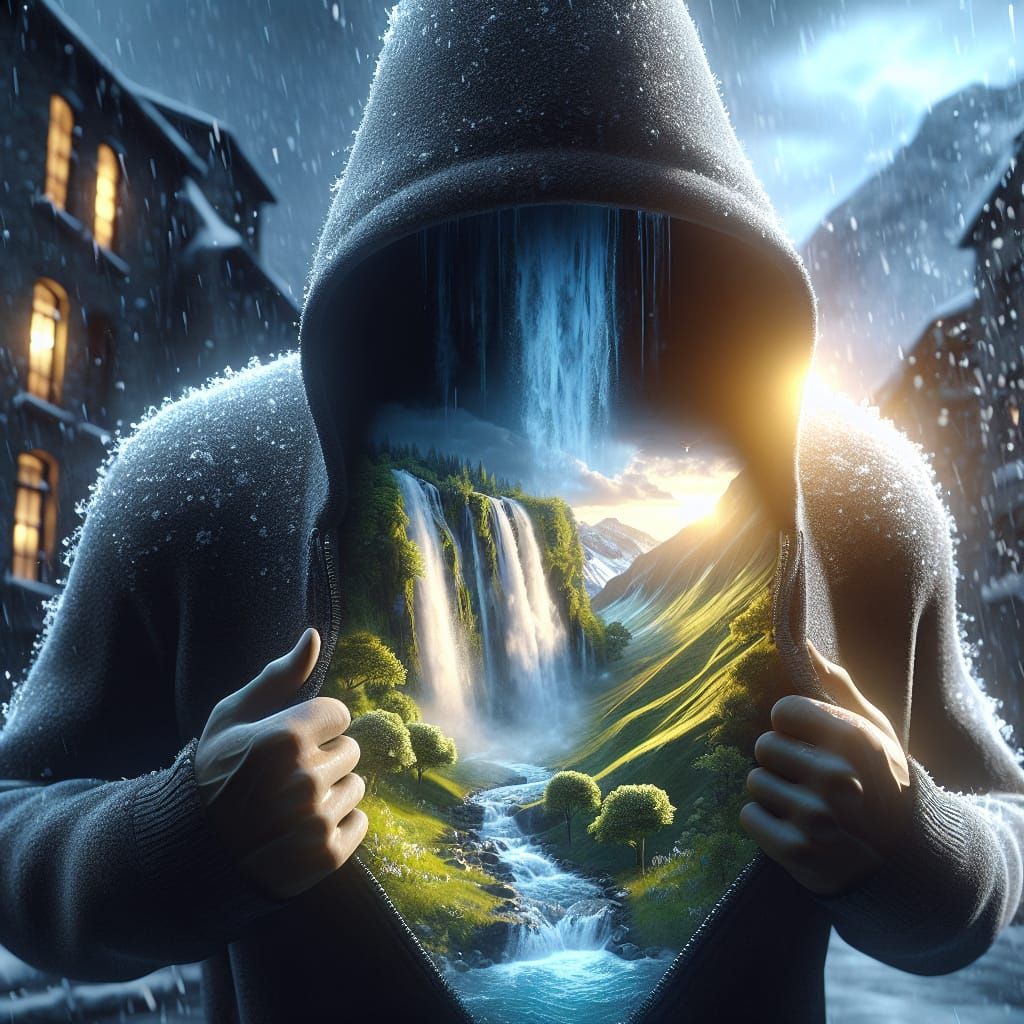 Hyperealistic image of a shadowy figure wearing a hoody, inside the hood we can see an amazing landscape of waterfalls, the water spills out...