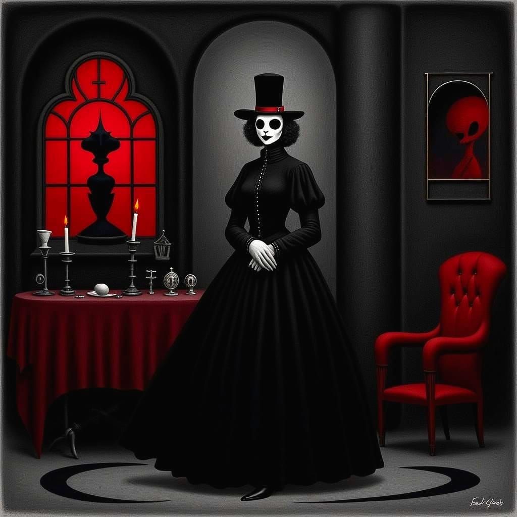 <lora:EVIL MEDIEVAL:1.0> Woman in Black, Goth Horror, red and black, 1880 style Victorian Home 