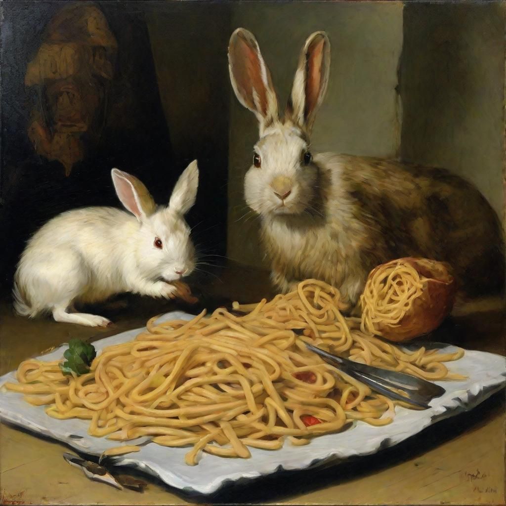 Hedgehog eats fried pasta with rabbit legs 
Impasto painting...