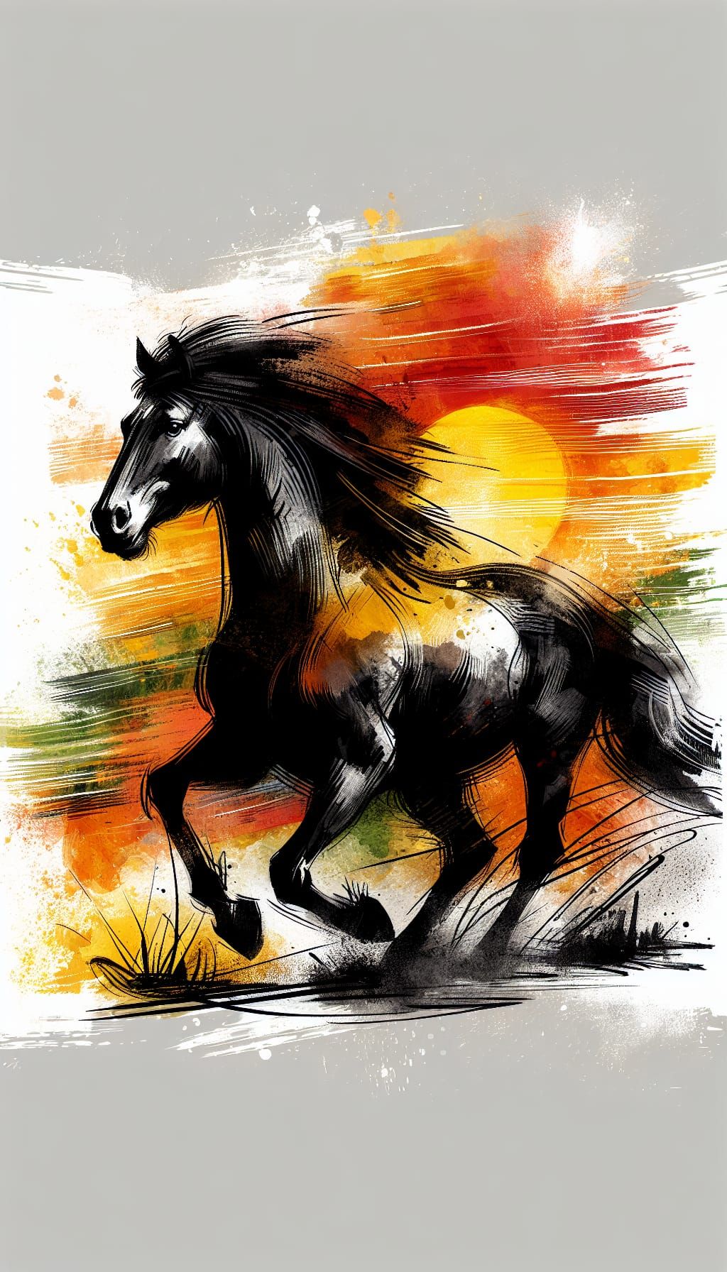 Galloping black horse, background in scratchy watercolor