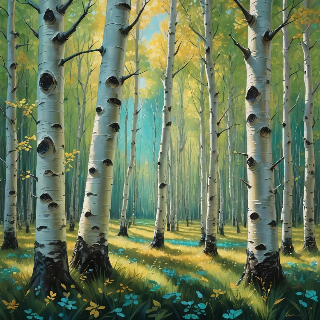 An oil painting of an aspen forest by a meadow
