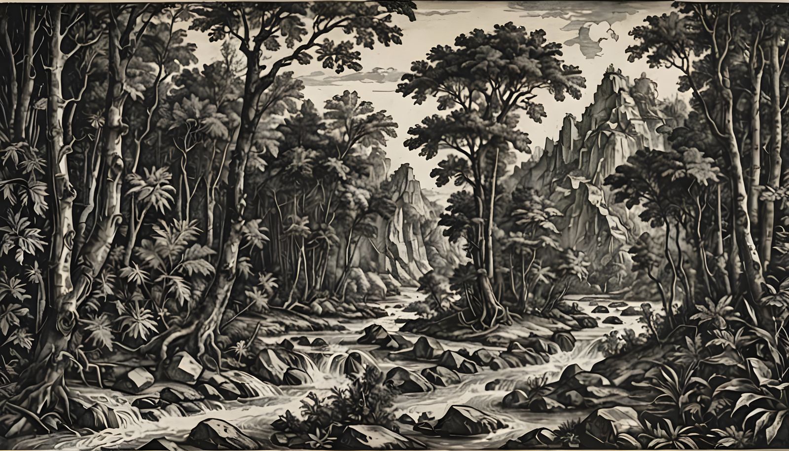 a wide river flowing through a pre-historic jungle,
