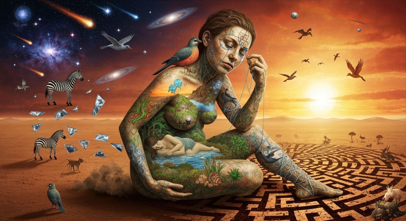  A woman with a detailed body like parched earth, revealing a bioluminescent oasis within, resting in a barren landscape under a neon mirage...