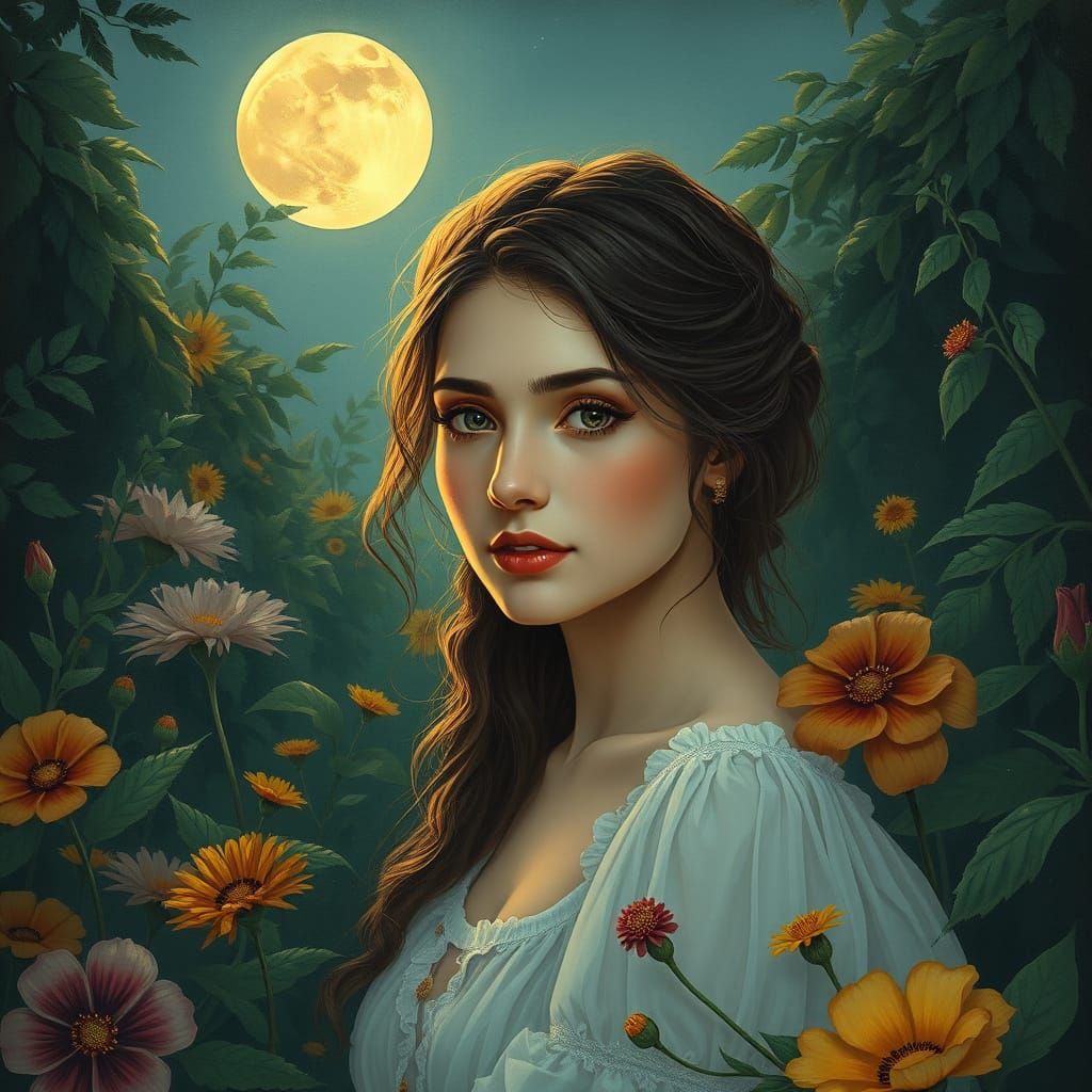 Serene Goddess Among Lush Greenery Under Full Moonlight