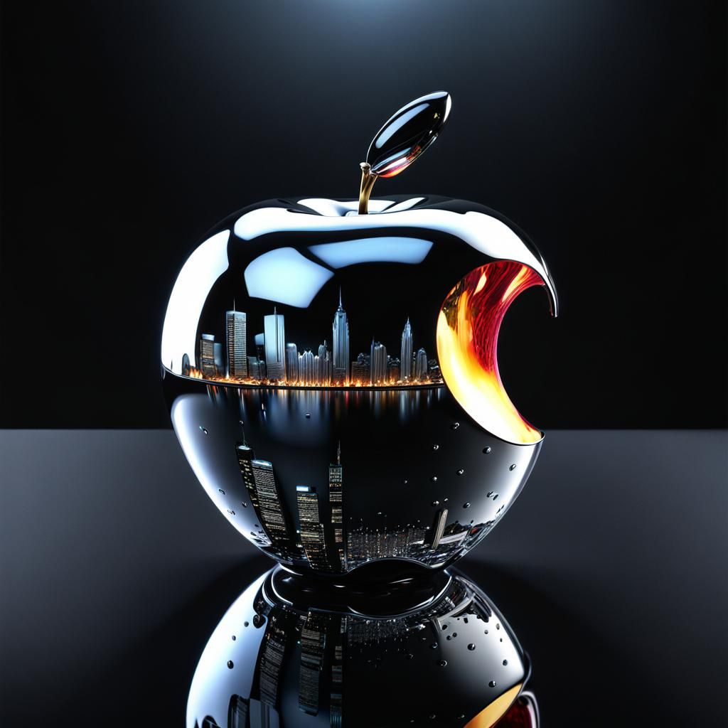 One Gleaming melting chrome apple, glossy black glass reflection, partially bitten with a city inside, ...  by @Spearmint