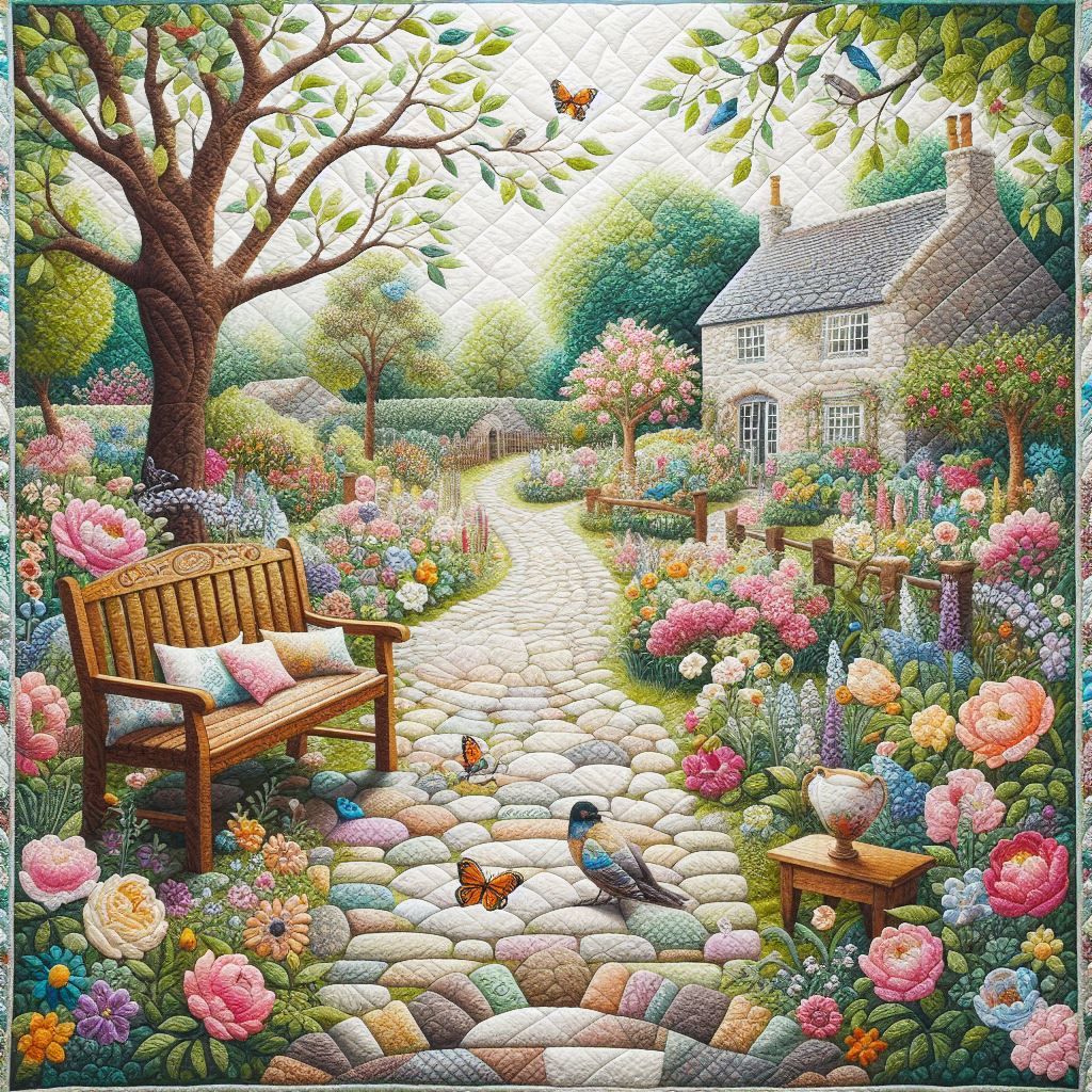 <lora:Vintage:1.0> Quilted scene of English garden w/cobblestone, path, wooden bench, colorful flowers, birds, butterflies.